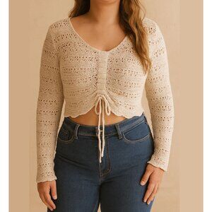 Boho Cream Crochet Knit Crop Sweater Top Size XL Sky and Sparrow Long Sleeve